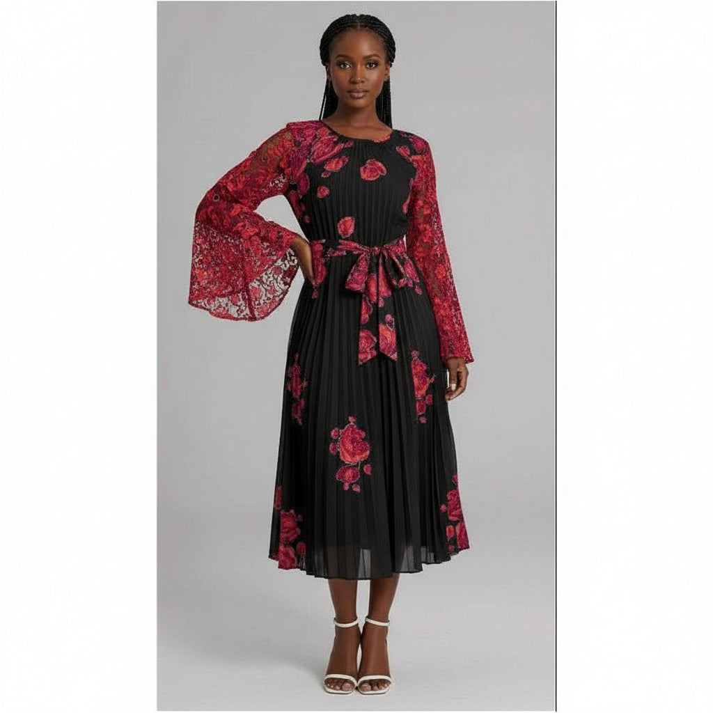Printed Plus Size Satin Long Sleeve Midi Dress