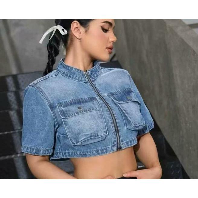 Flap Detail Crop Denim Top