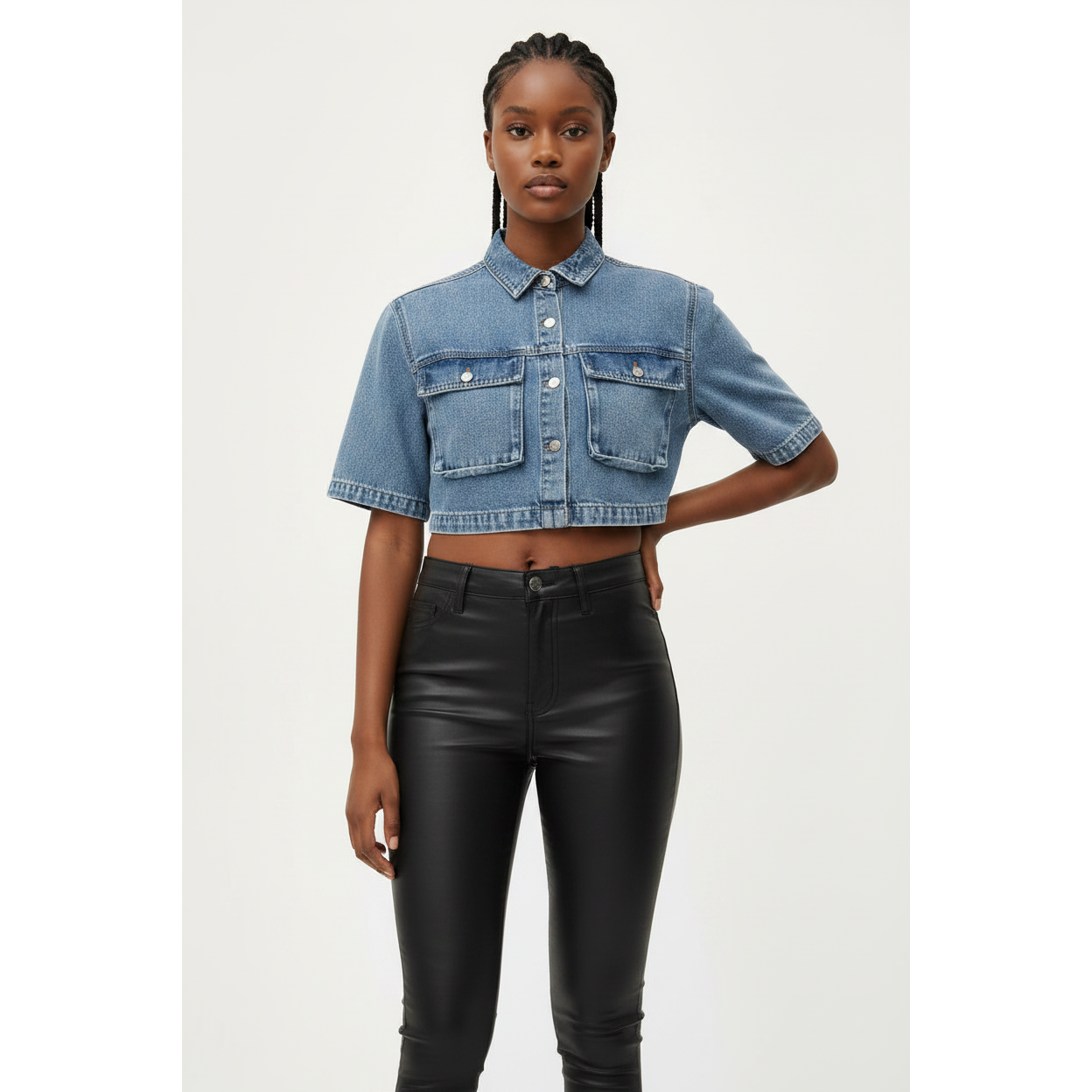 Flap Detail Crop Denim Top