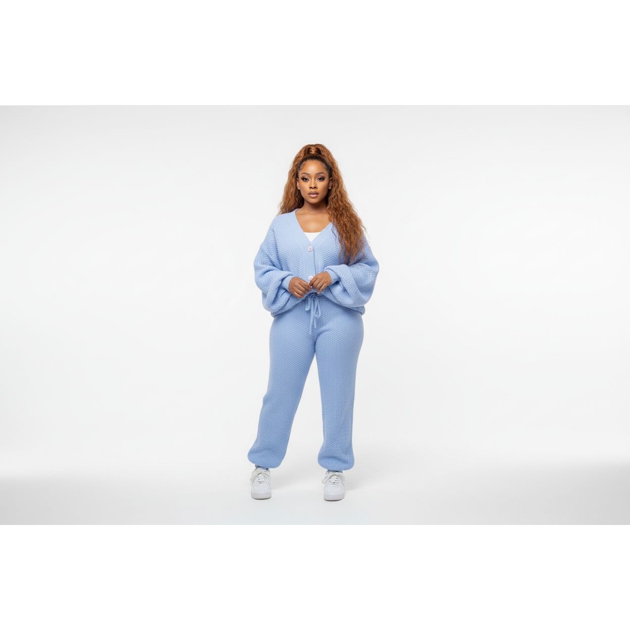 Knitted Loose Cardigan Elastic Waist Pant Two Piece Set