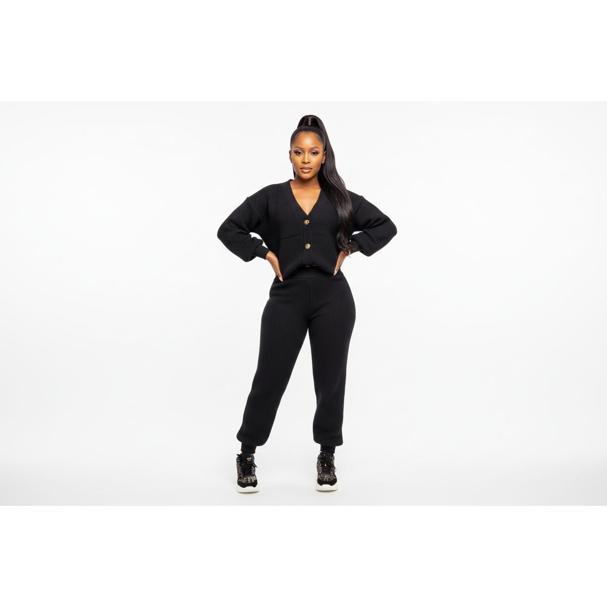 Knitted Loose Cardigan Elastic Waist Pant Two Piece Set