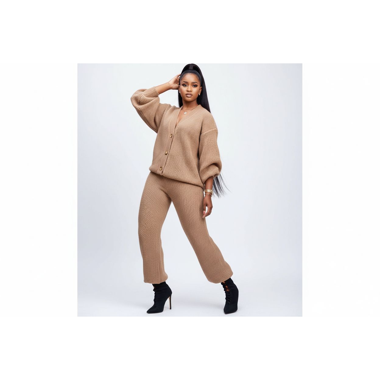 Knitted Loose Cardigan Elastic Waist Pant Two Piece Set