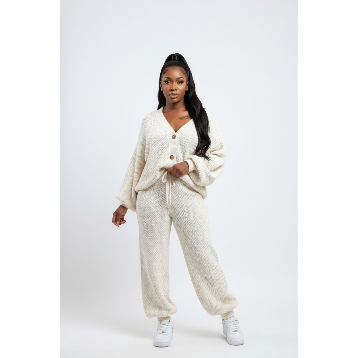 Knitted Loose Cardigan Elastic Waist Pant Two Piece Set – YELLOW