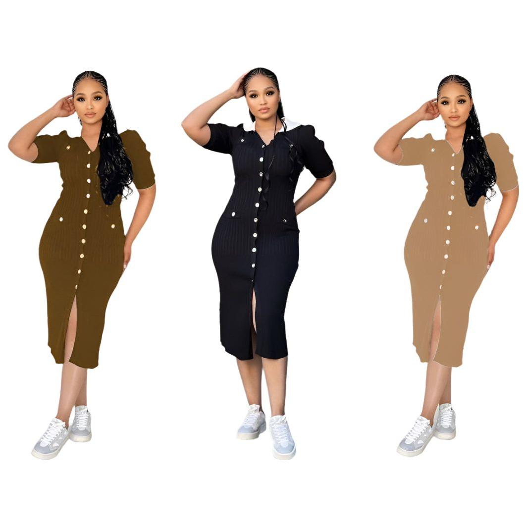 Button Up High Waisted Preppy Midi Dress