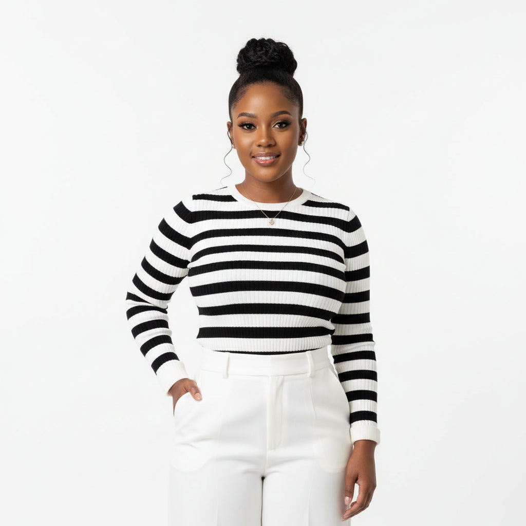 Striped Print High Neck Long Sleeve Casual Tee Shirt
