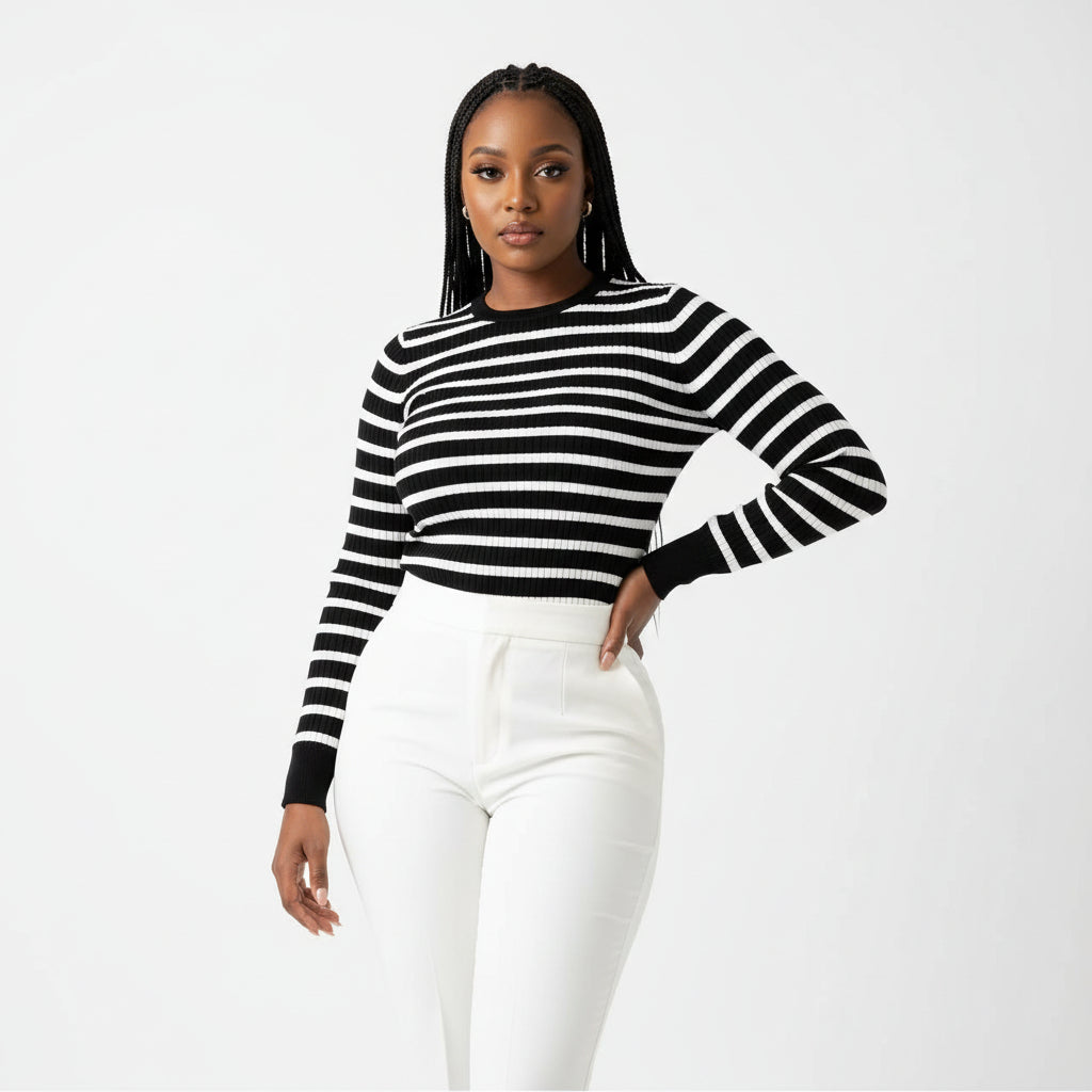 Striped Print High Neck Long Sleeve Casual Tee Shirt