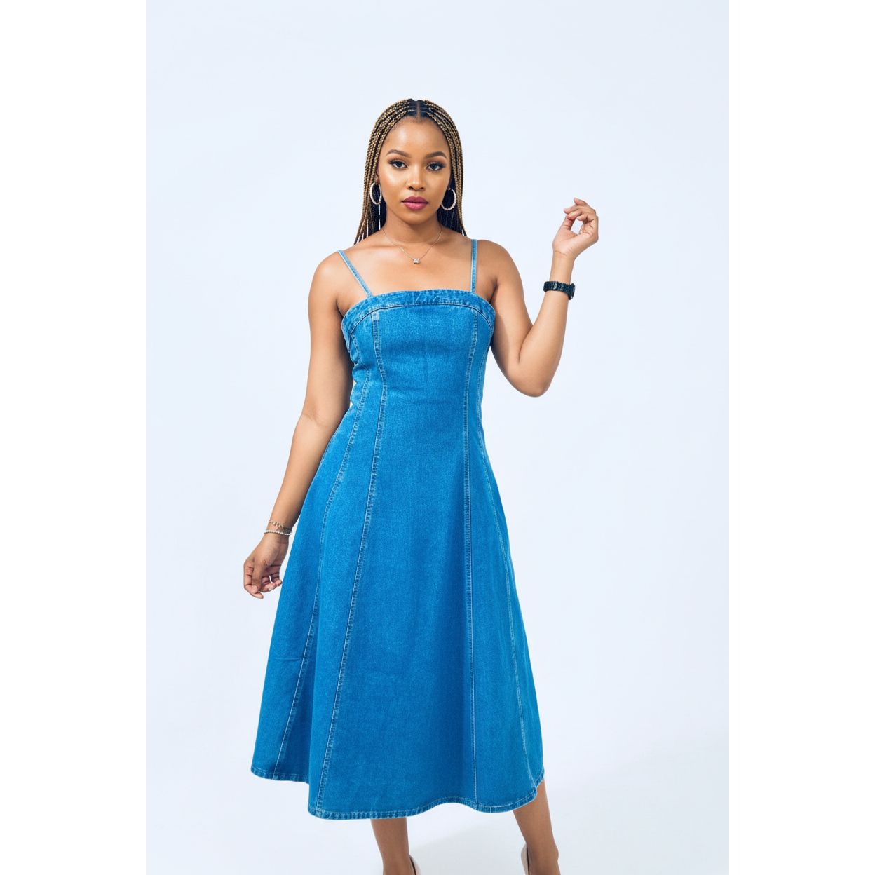 Light Blue Coated Denim Balloon Midi Dress