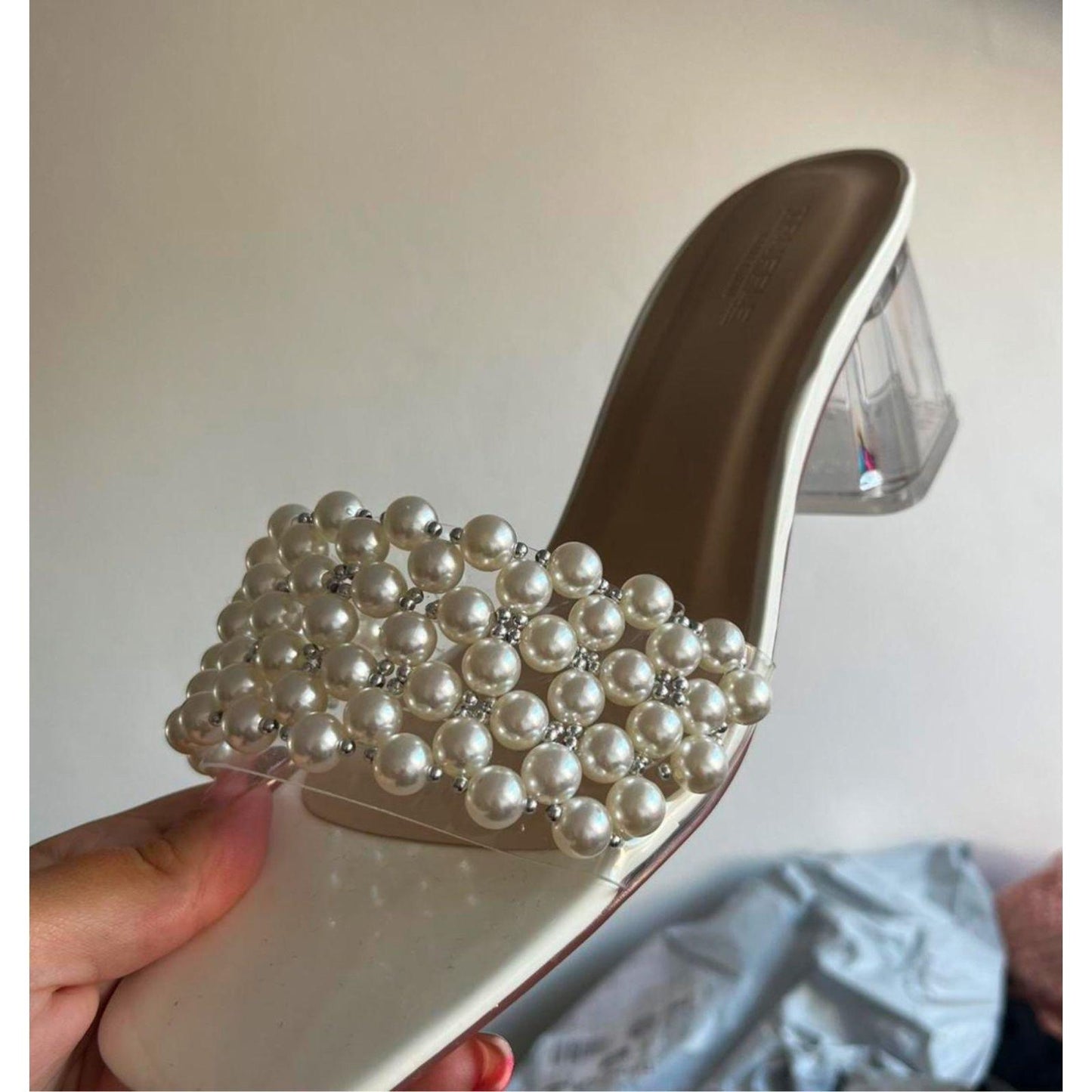 Transparent Glass Heels Shining Pearl Sandals