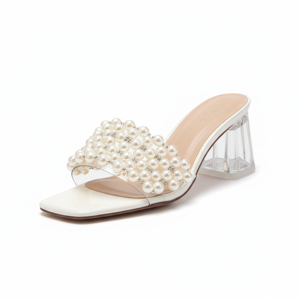 Transparent Glass Heels Shining Pearl Sandals