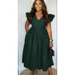 Elegant Black V-Neck Ruffle Sleeve Pleated Midi Dress