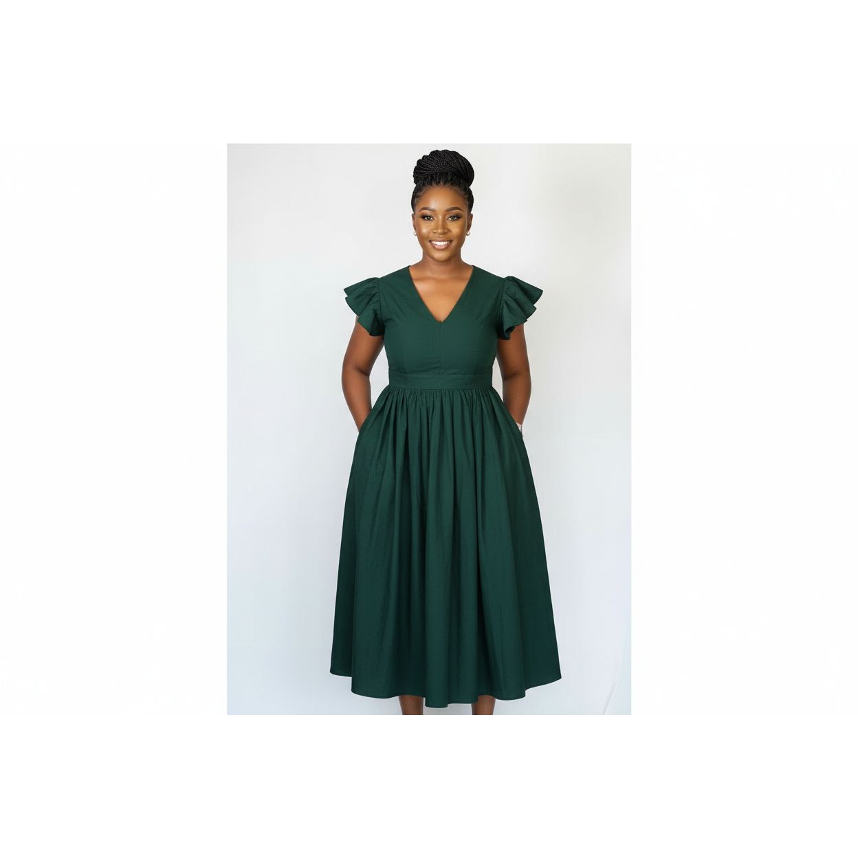 Elegant Black V-Neck Ruffle Sleeve Pleated Midi Dress