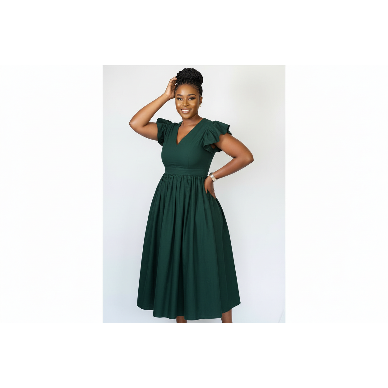 Elegant Black V-Neck Ruffle Sleeve Pleated Midi Dress