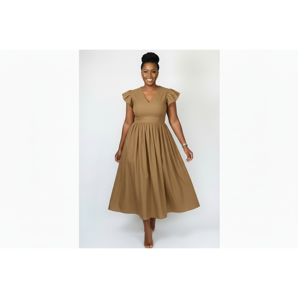 Elegant Black V-Neck Ruffle Sleeve Pleated Midi Dress