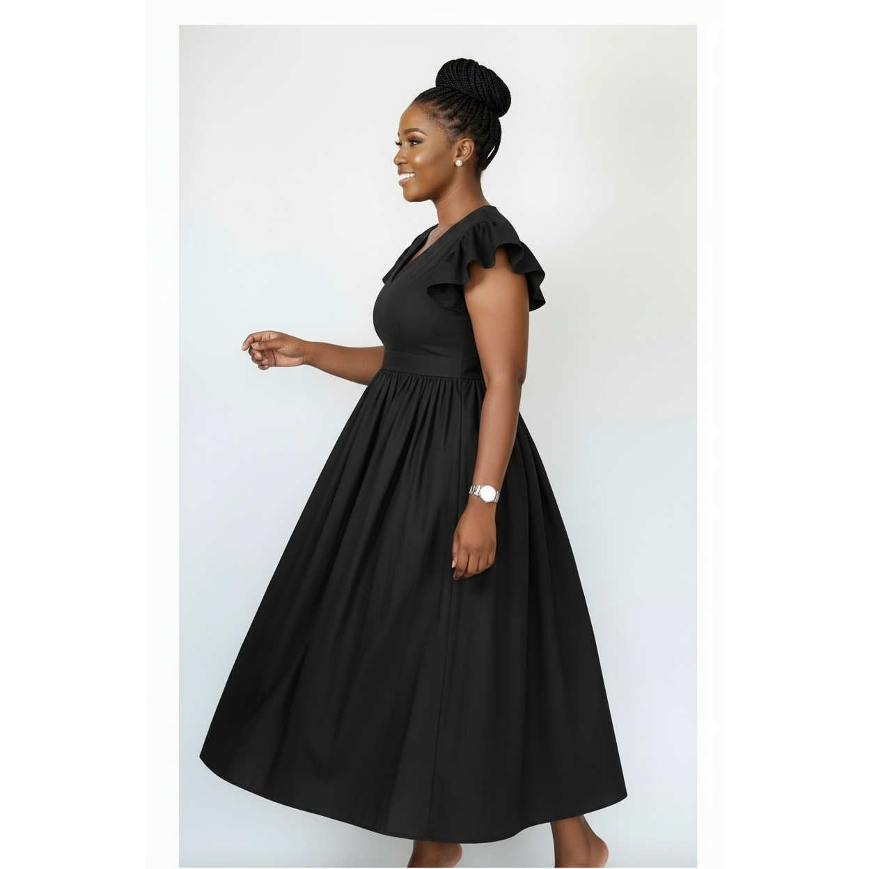 Elegant Black V-Neck Ruffle Sleeve Pleated Midi Dress