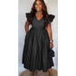 Elegant Black V-Neck Ruffle Sleeve Pleated Midi Dress