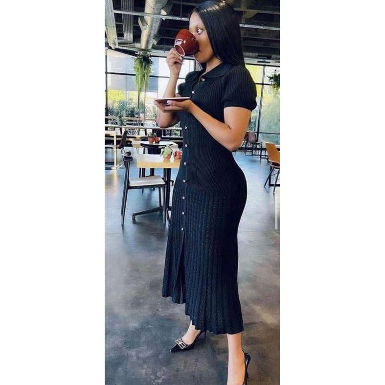 Buttons Knitting Ribbed Bodycon Midi Dress