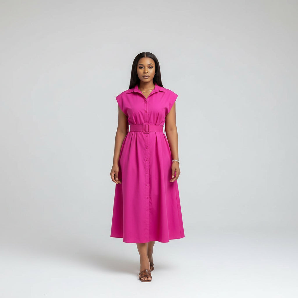 Button Down Sleeveless V-Neck Midi Dress