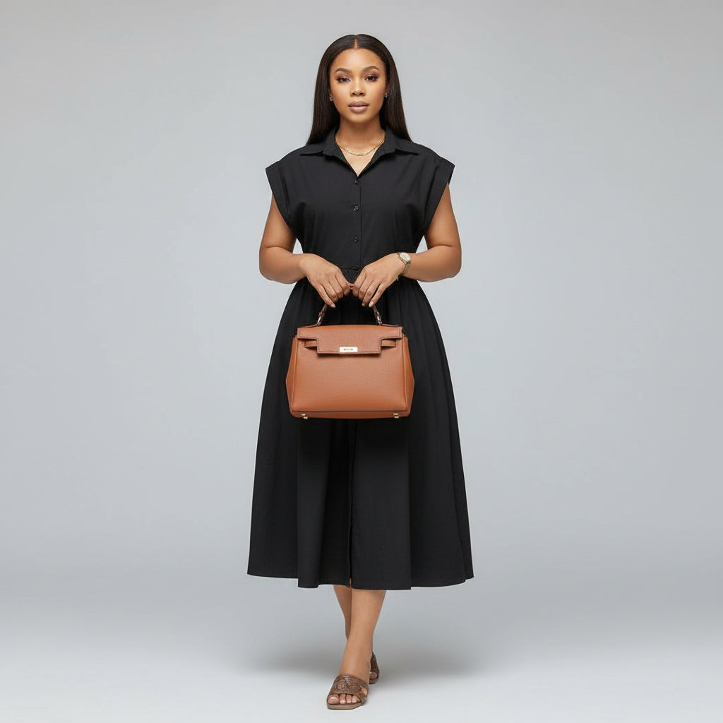 Button Down Sleeveless V-Neck Midi Dress