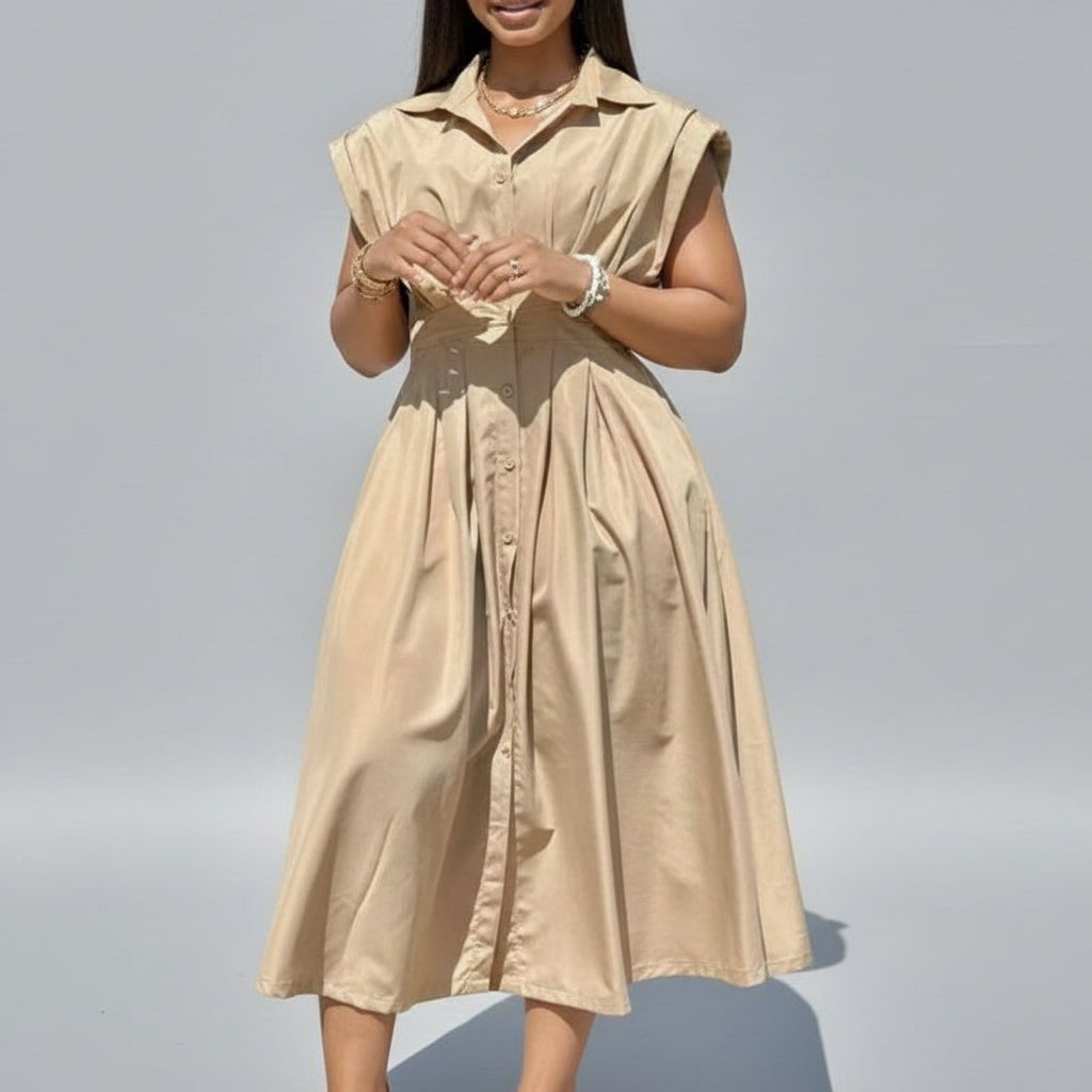 Button Down Sleeveless V-Neck Midi Dress