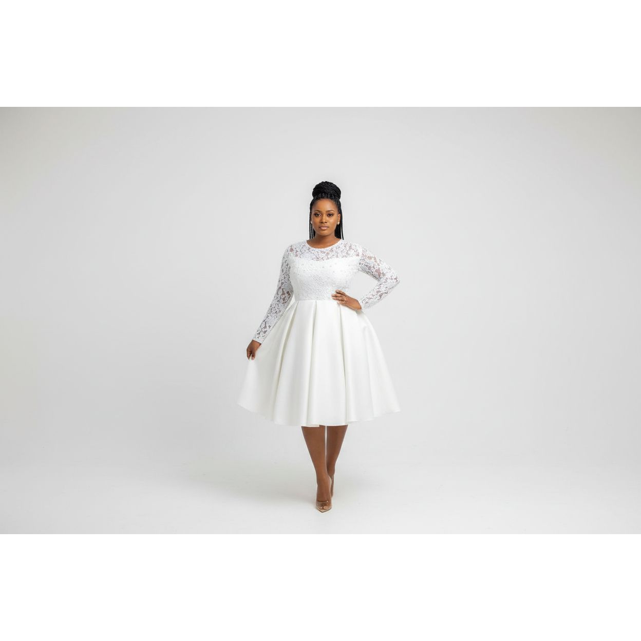 Long Sleeve Spliced Lace Round Neck Midi Dress