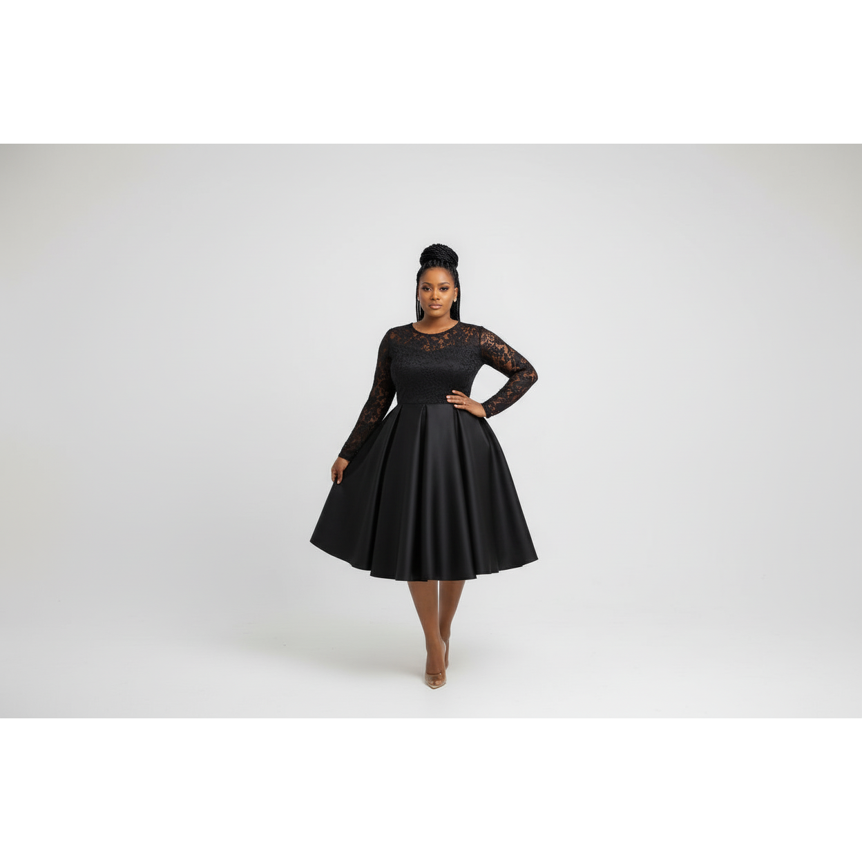 Long Sleeve Spliced Lace Round Neck Midi Dress