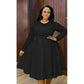 Long Sleeve Spliced Lace Round Neck Midi Dress