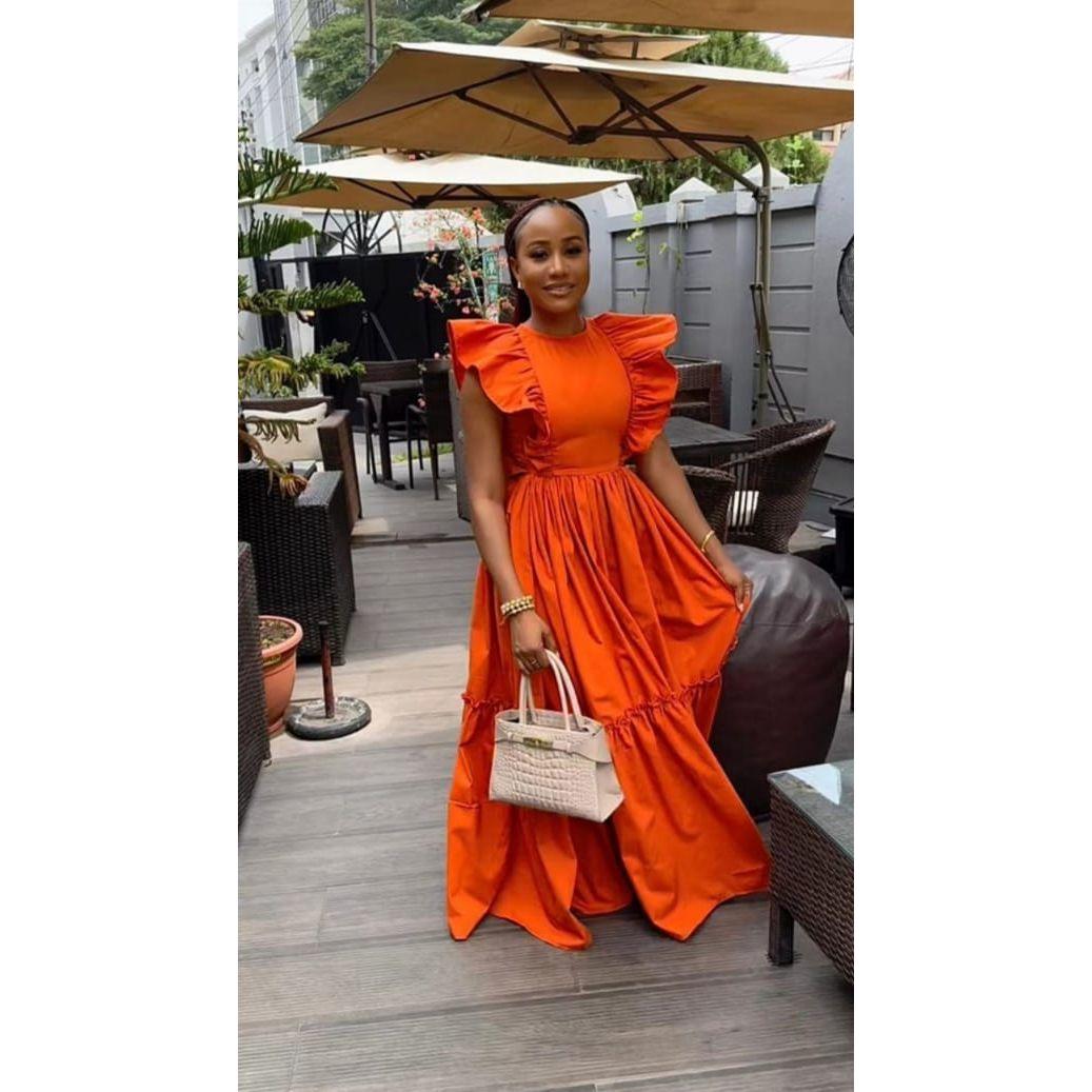 Ruffle Shoulder Round-Neck Sleeveless Maxi Dress