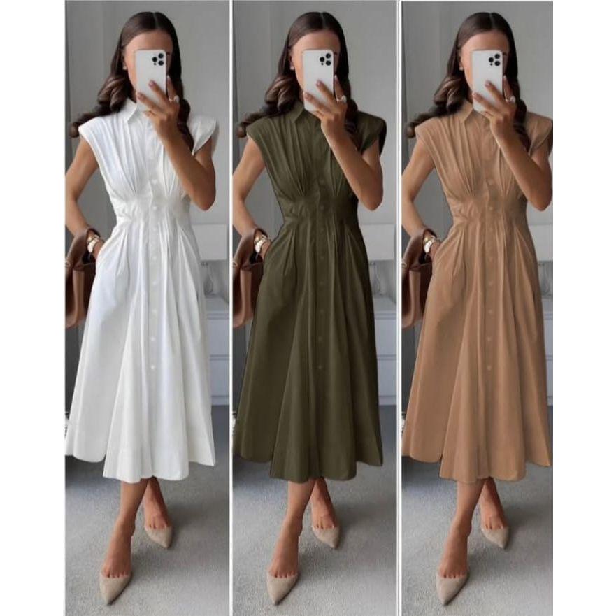 Button Down Sleeveless V-Neck Midi Dress