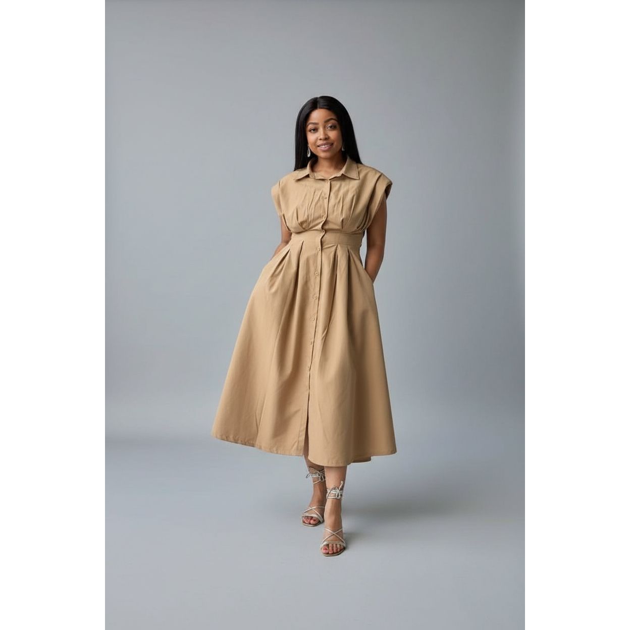 Button Down Sleeveless V-Neck Midi Dress