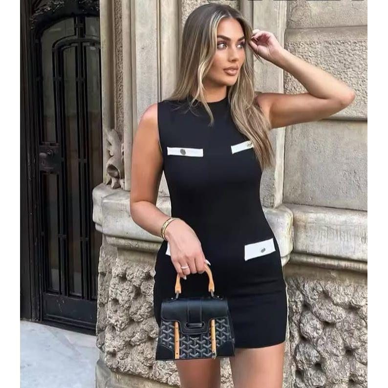 Sleeveless Contrast Pocket Detail Mini Bodycon Dress