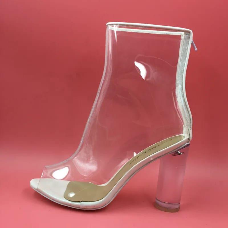 See Through PVC Short Back Zipper Block Heels Boots