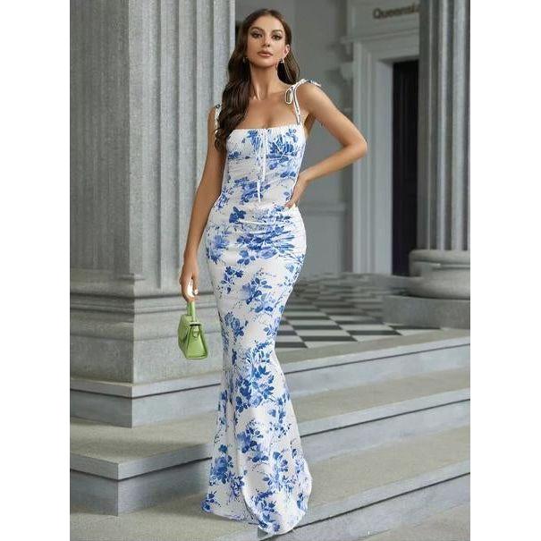 Floral Print Tie Shoulder Mermaid Hem Cami Dress