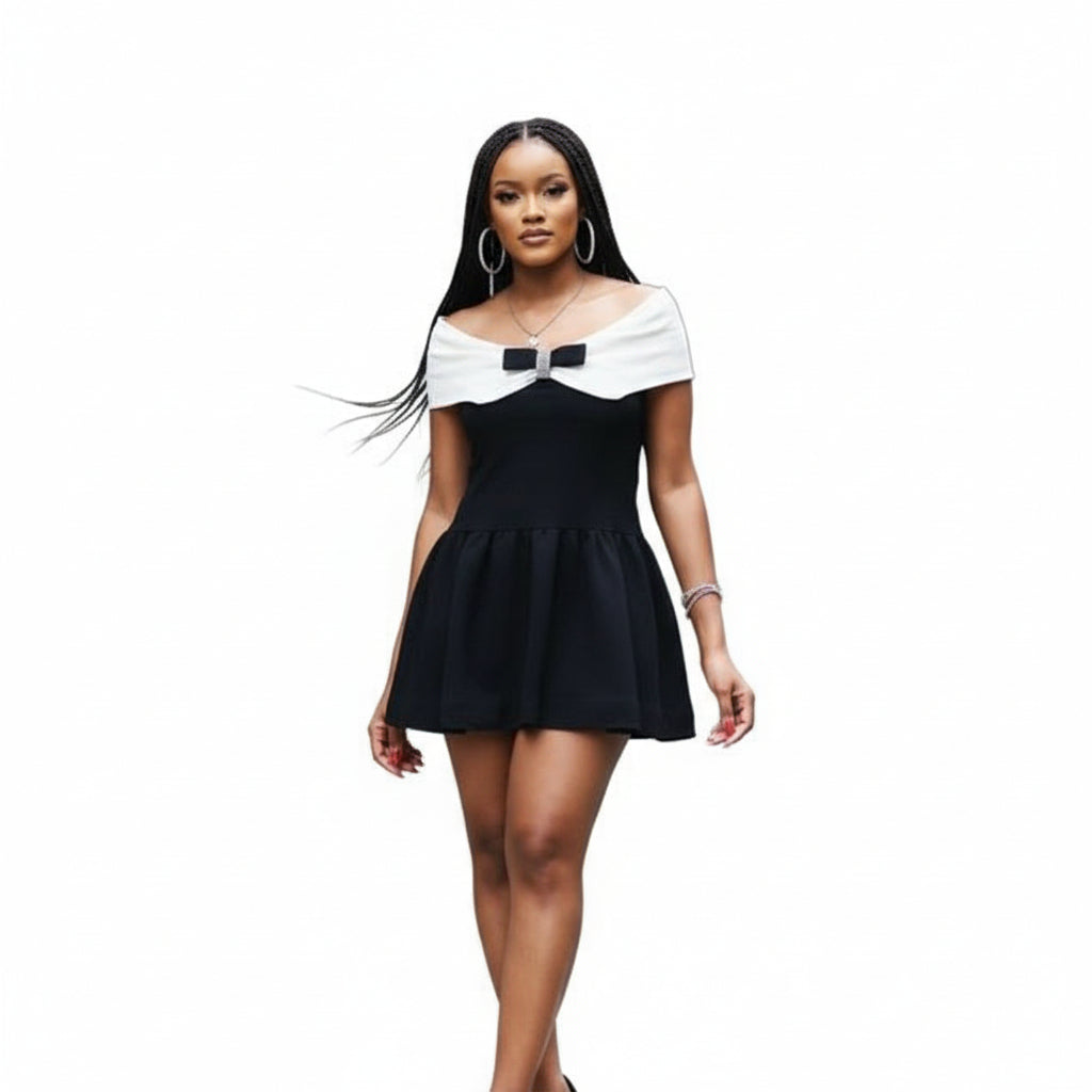 Straight Shoulder Bow Mini Dress