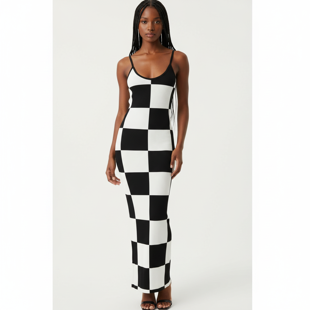 Knit Sleeveless Checkerboard Print Bodycon Maxi Dress