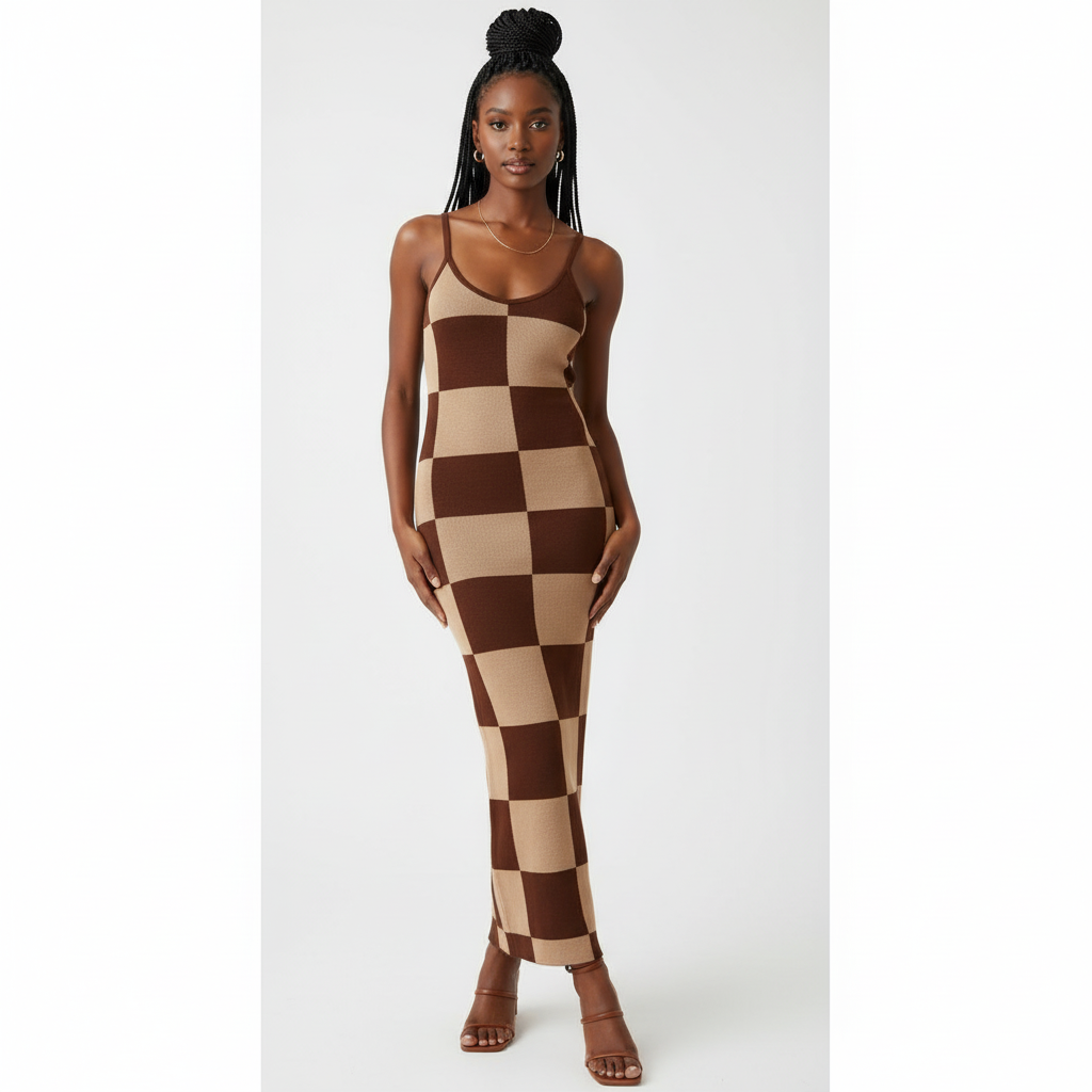 Knit Sleeveless Checkerboard Print Bodycon Maxi Dress