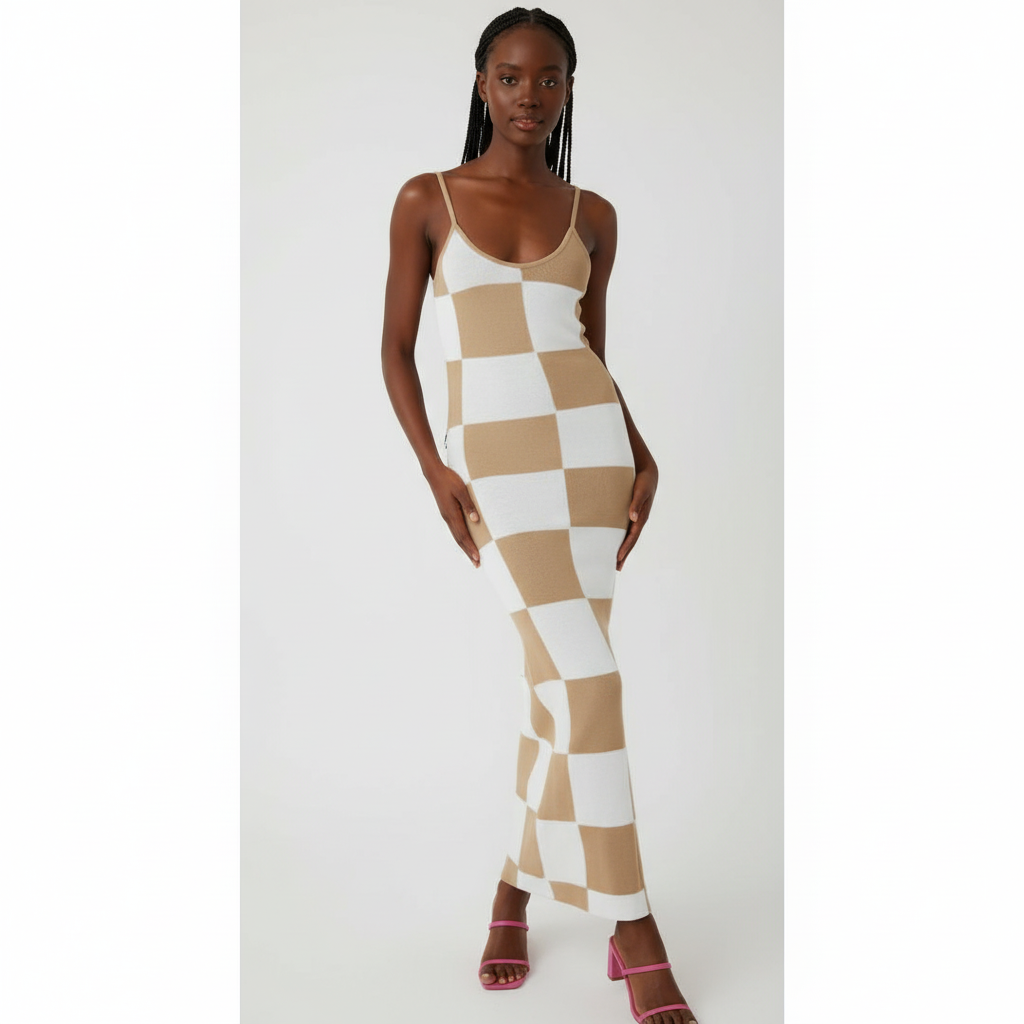 Knit Sleeveless Checkerboard Print Bodycon Maxi Dress