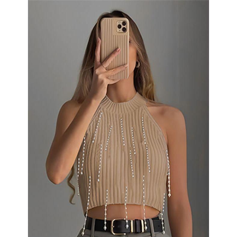 Halter Vest Pearl Tassels Knitted Crop Tops