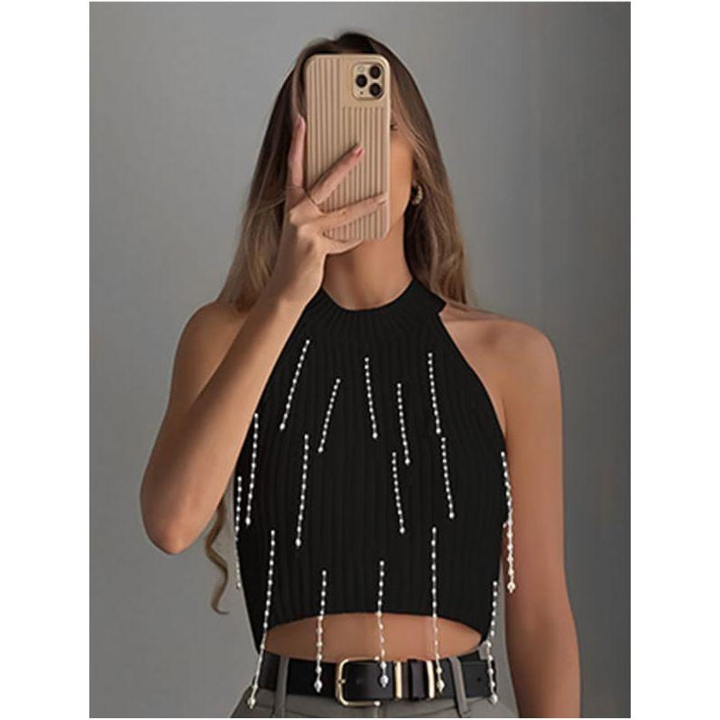 Halter Vest Pearl Tassels Knitted Crop Tops
