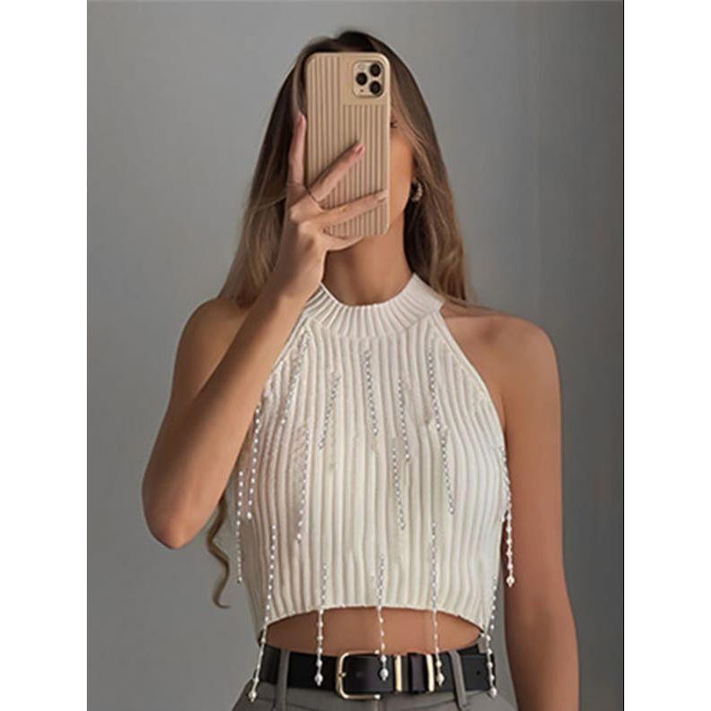 Halter Vest Pearl Tassels Knitted Crop Tops