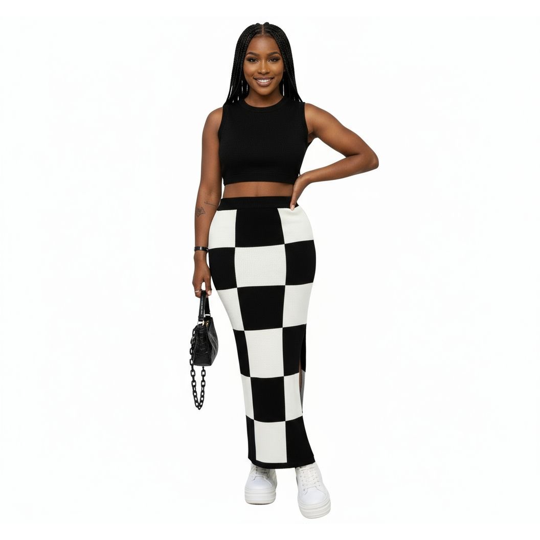 Knitted Black And White Slit High Waist Bodycon Maxi Skirt