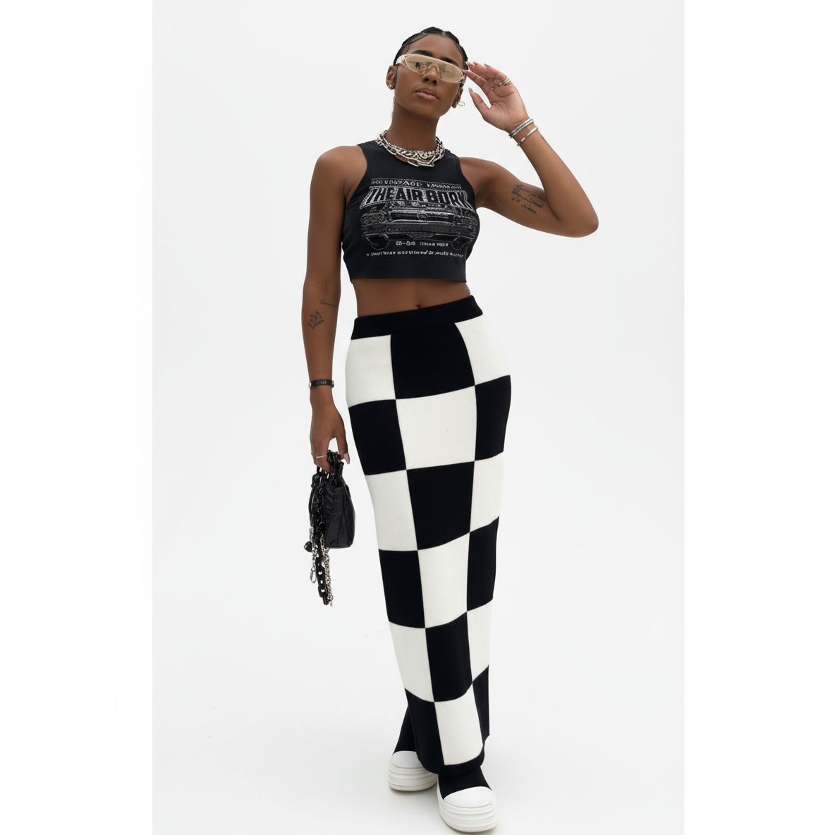 Knitted Black And White Slit High Waist Bodycon Maxi Skirt