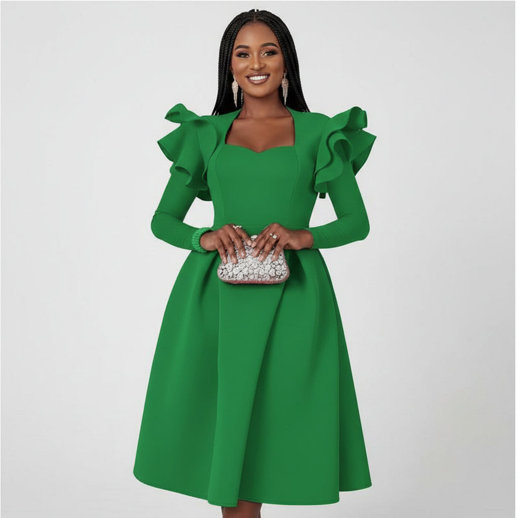 Ruffle Sleeve Plus Size A Line Knee Cocktail Dress