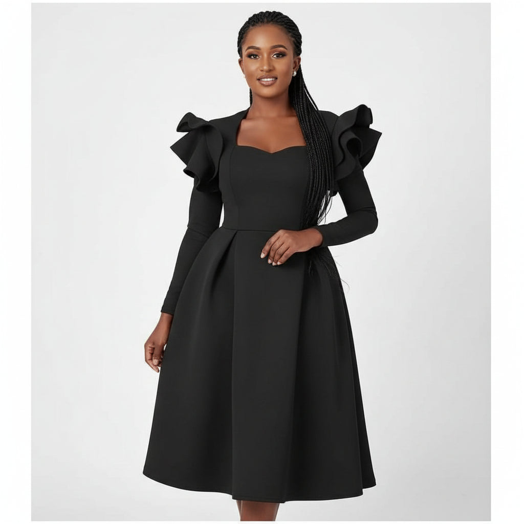 Ruffle Sleeve Plus Size A Line Knee Cocktail Dress