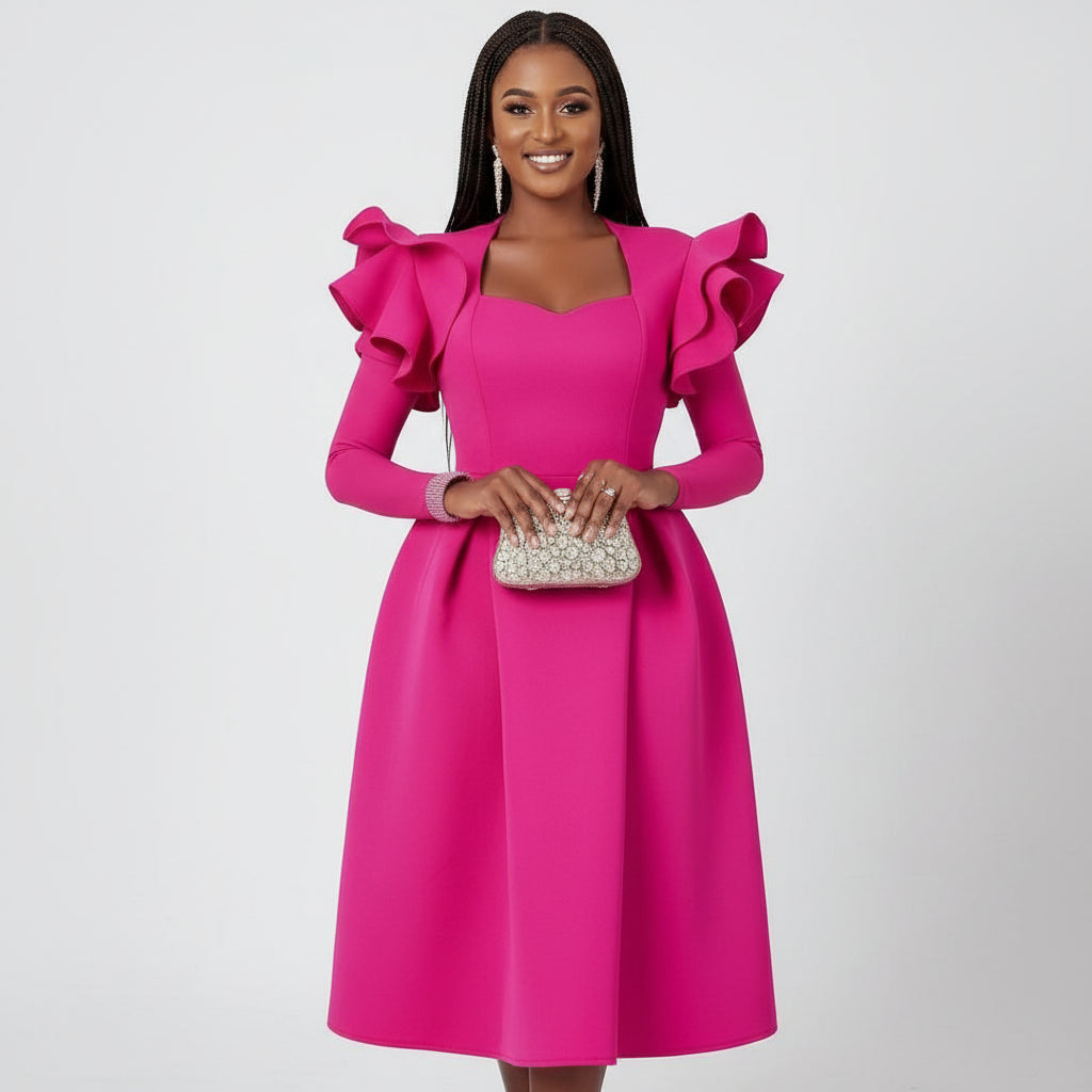 Ruffle Sleeve Plus Size A Line Knee Cocktail Dress