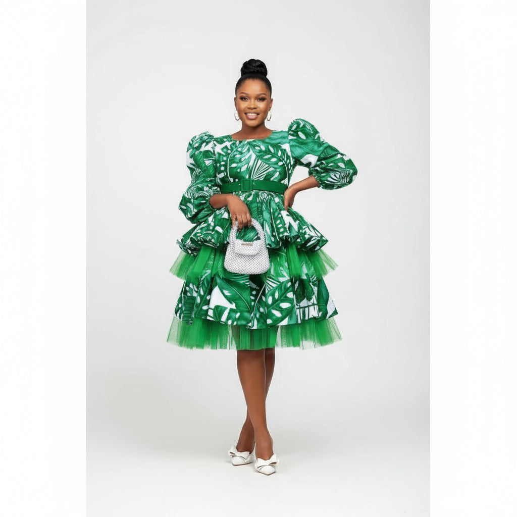 African Print Pleated short flare gown Midi Dress