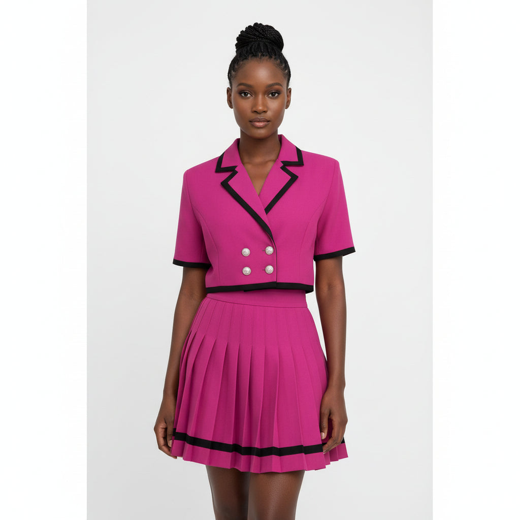 Drop-down Collar Short Sleeve Pleated Knit 2 Piece set