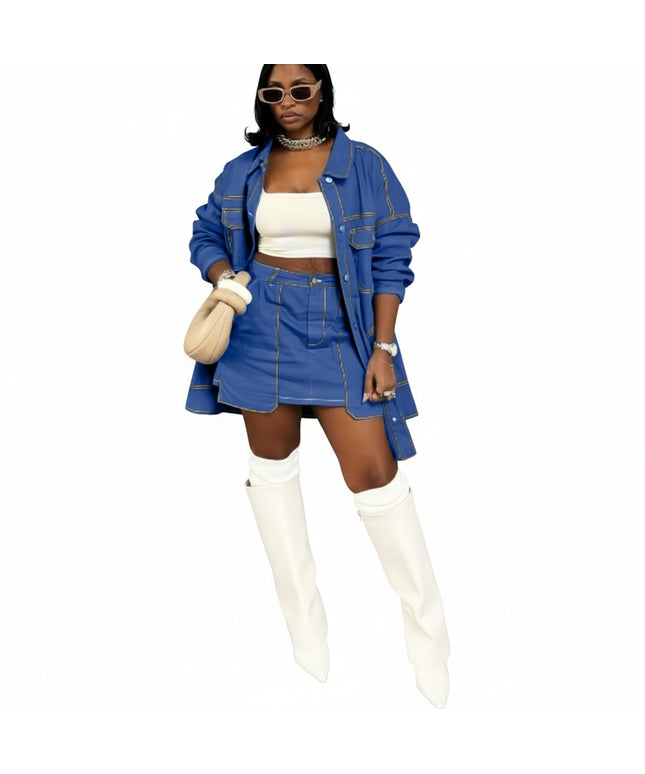 Piece Outfits Cropped Jean Jacket Coat High Waisted Mini Skirt
