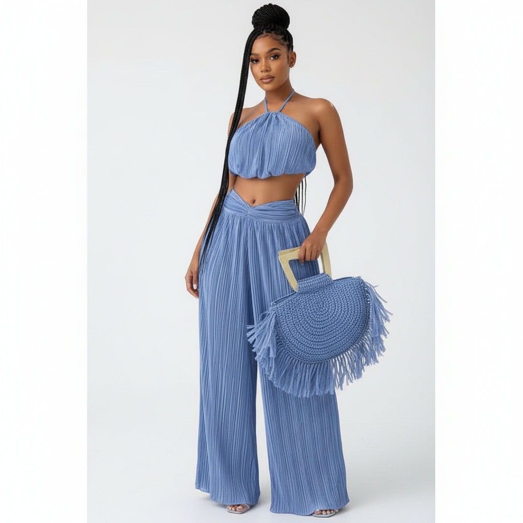 Halter Top With Twist Front Waist & Trousers Two Piece Set