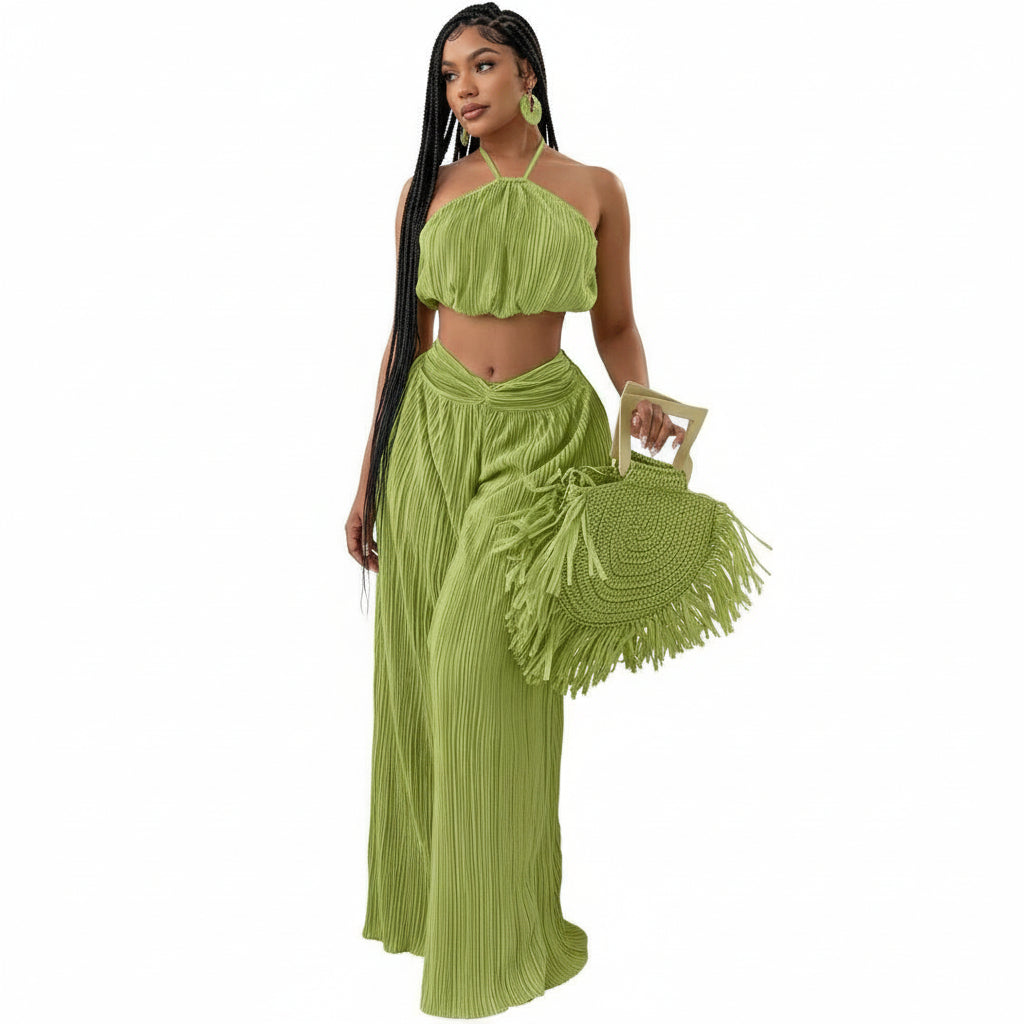 Halter Top With Twist Front Waist & Trousers Two Piece Set