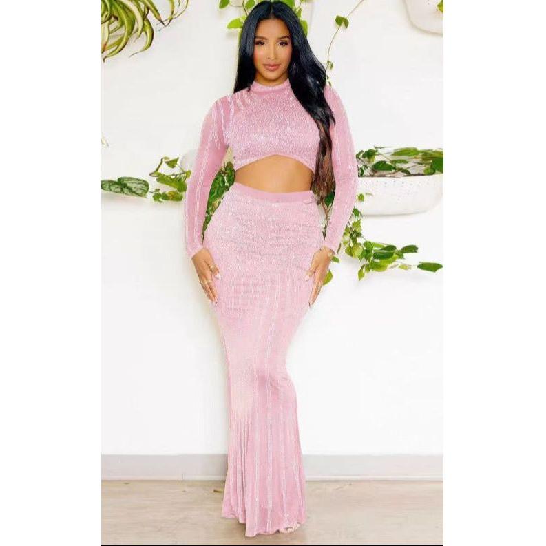 Rhinestone Skirt Sexy Crop Tops Outfit Luxury Two Piece Set